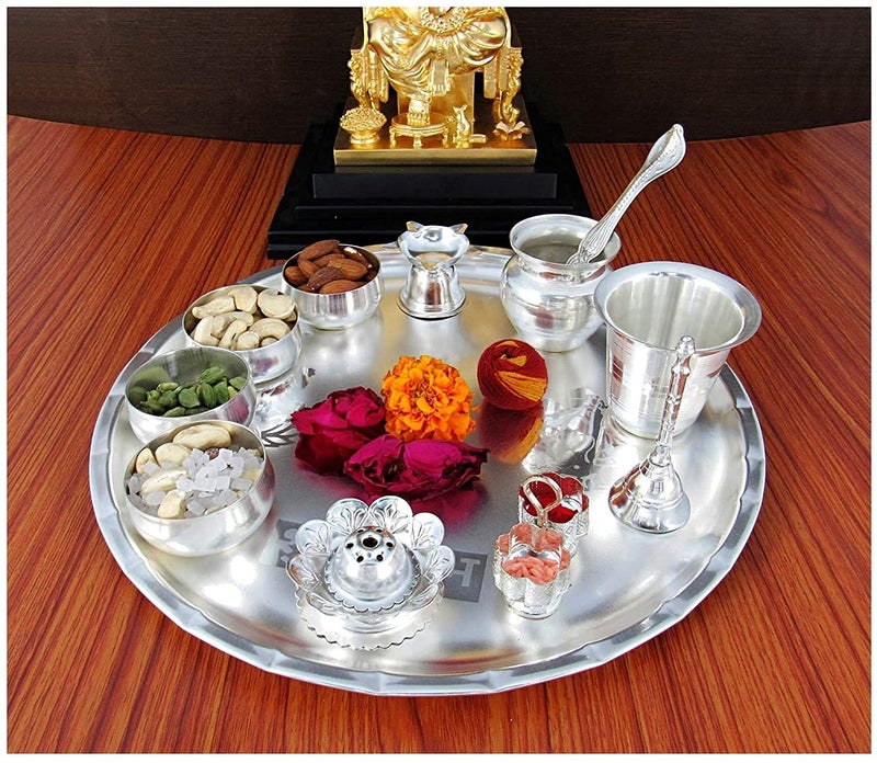 NOBILITY Pooja Thali Set Silver Plated Large 12 Inch Puja Thali for Diwali Decoration Gift Items Festival Ethnic Puja Thali for Temple Office Home Wedding Return Gifts - Image 2